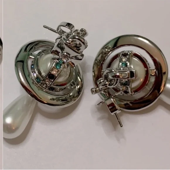 silver Saturn 🪐 orb pearl drop earrings 18k gold plated silver New - Picture 3 of 4